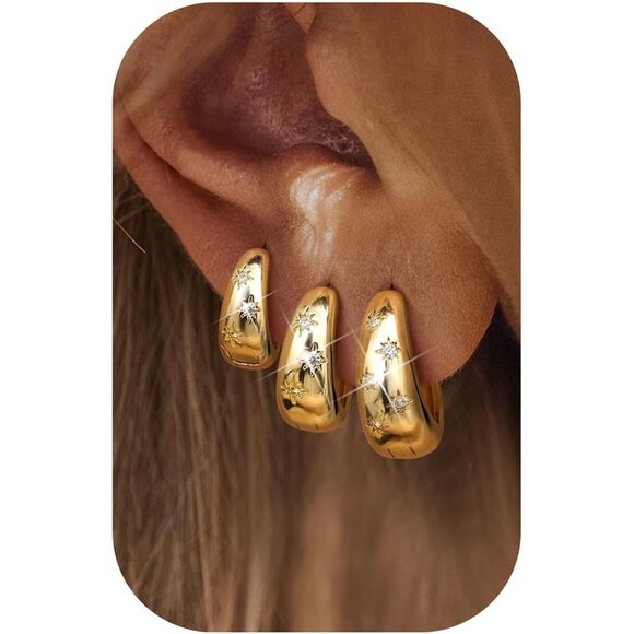 3Pairs 14K Gold Huggie for Multiple Piercing Hypoallergenic Hoop Earrings Set - Picture 1 of 8